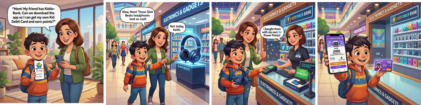 Kiddo-Bank story banner showing kids learning money skills